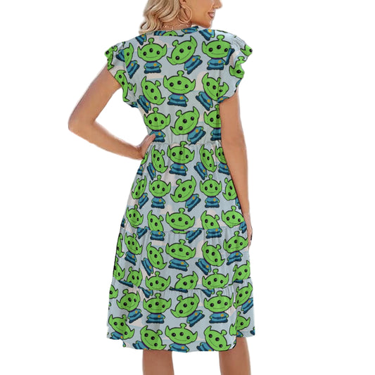 Little Green Space Aliens - Women's Tiered Pocket Midi Dress