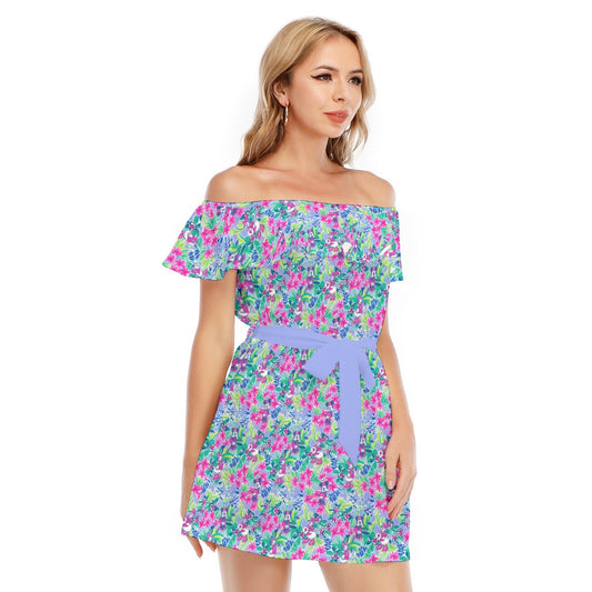 Bright Tropical Bliss - Island Mouse Duo - Women's Off-shoulder Ruffle Dress