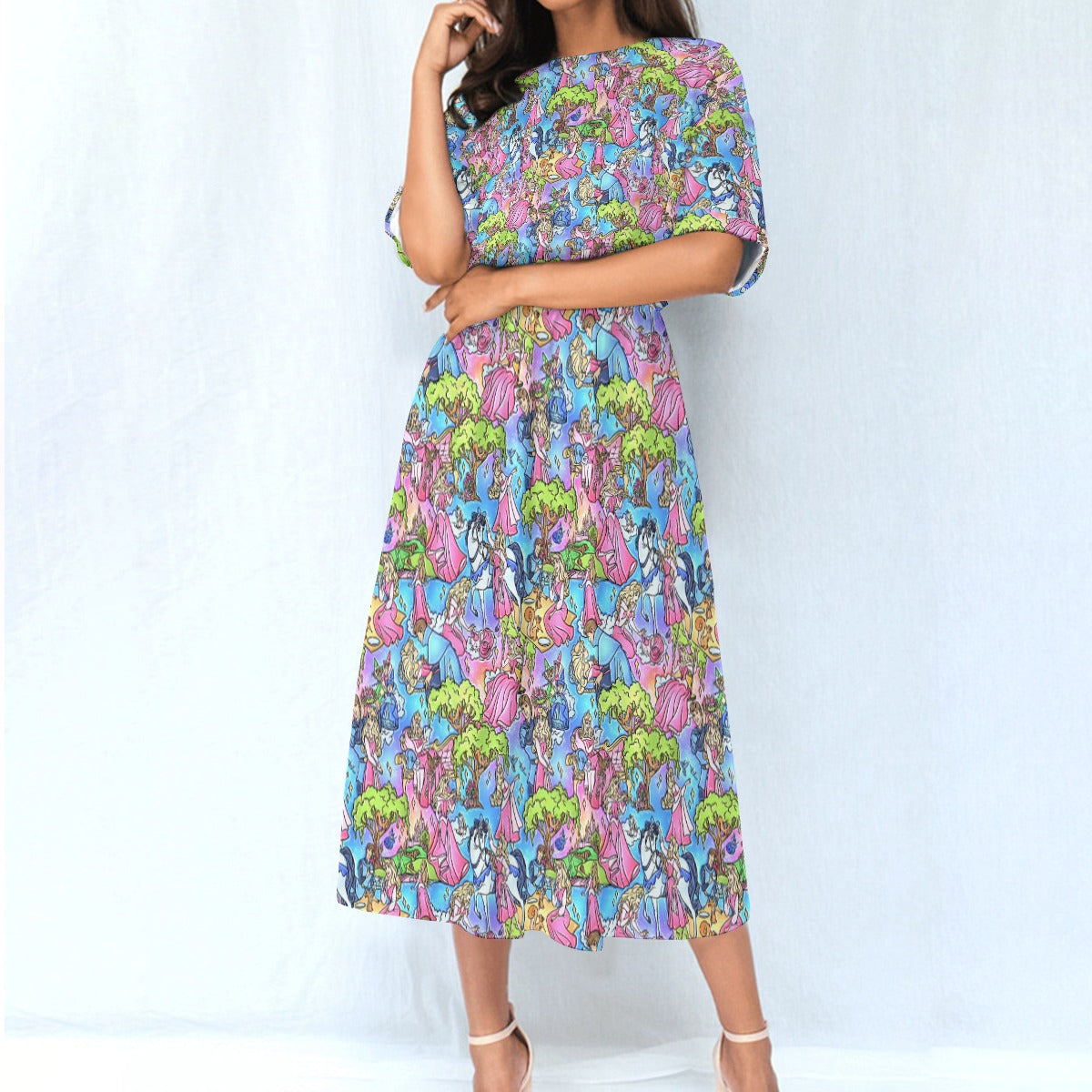 Dreaming Princess Storybook Scenes - Women's Elastic Waist Pocket Midi Dress