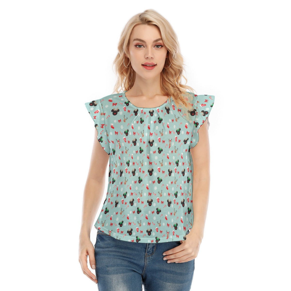 Festive Reindeer Mouse Holidayeers - Women’s Flutter Sleeve Top