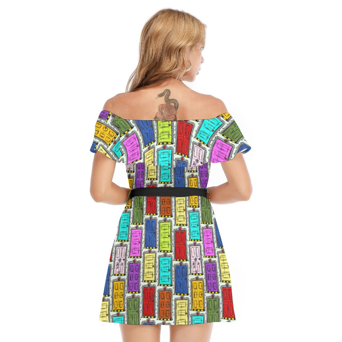 Sketchy Scare Doors - Women's Off-shoulder Ruffle Dress