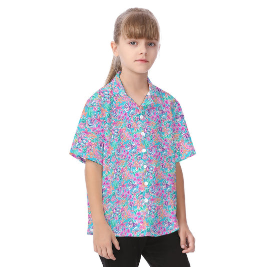 Bright Tropical Bloom - Goofy & Pluto - Kid's Hawaiian Button Up Shirt