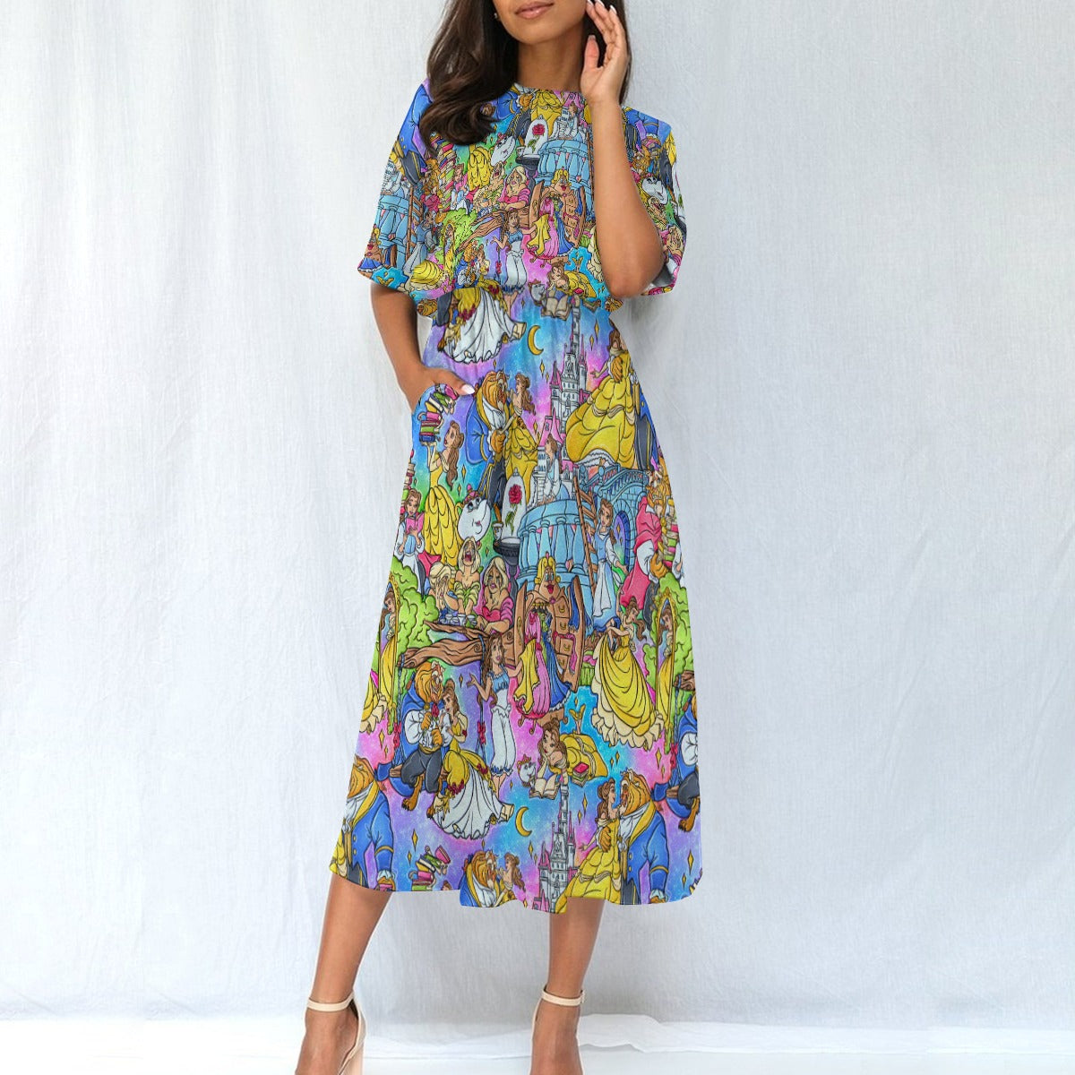 Enchanted Tale Storybook Scenes - Women’s Elastic Waist Pocket Midi Dress