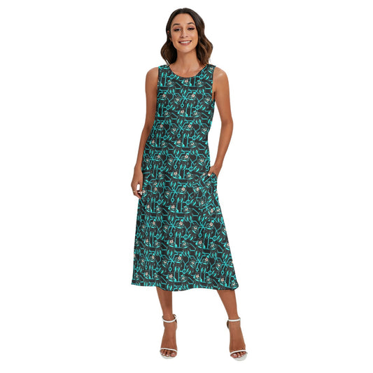 Electric Neon Grid Adventure - Women’s Diagonal Pocket Midi Dress