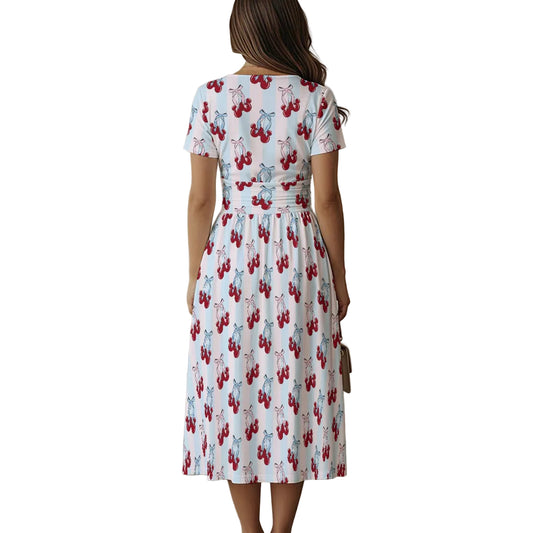 Cherry Ear Bows - Women's V-Neck Ruched Midi Dress