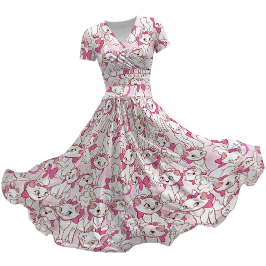 Sweet Kitten with Pink Bow - Women's V-Neck Ruched Midi Dress