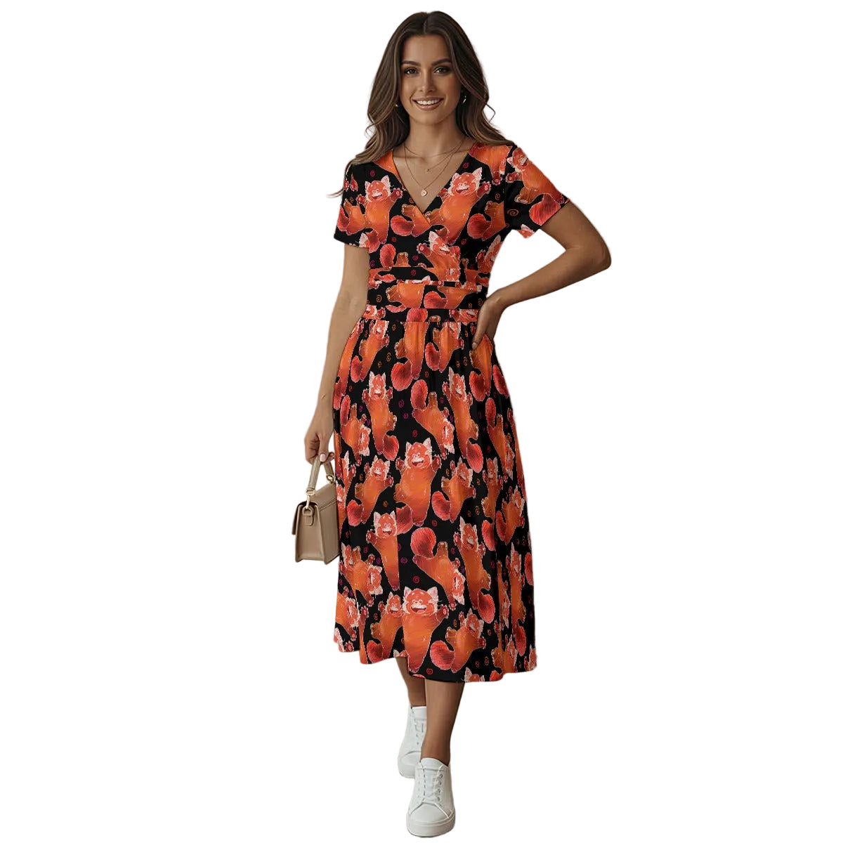 Scribbly Red Panda - Women's V-Neck Ruched Midi Dress