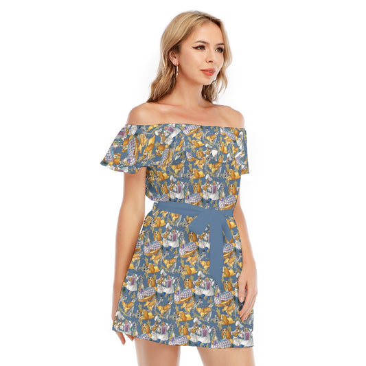 Puppy Love Sketch - Women's Off-shoulder Ruffle Dress
