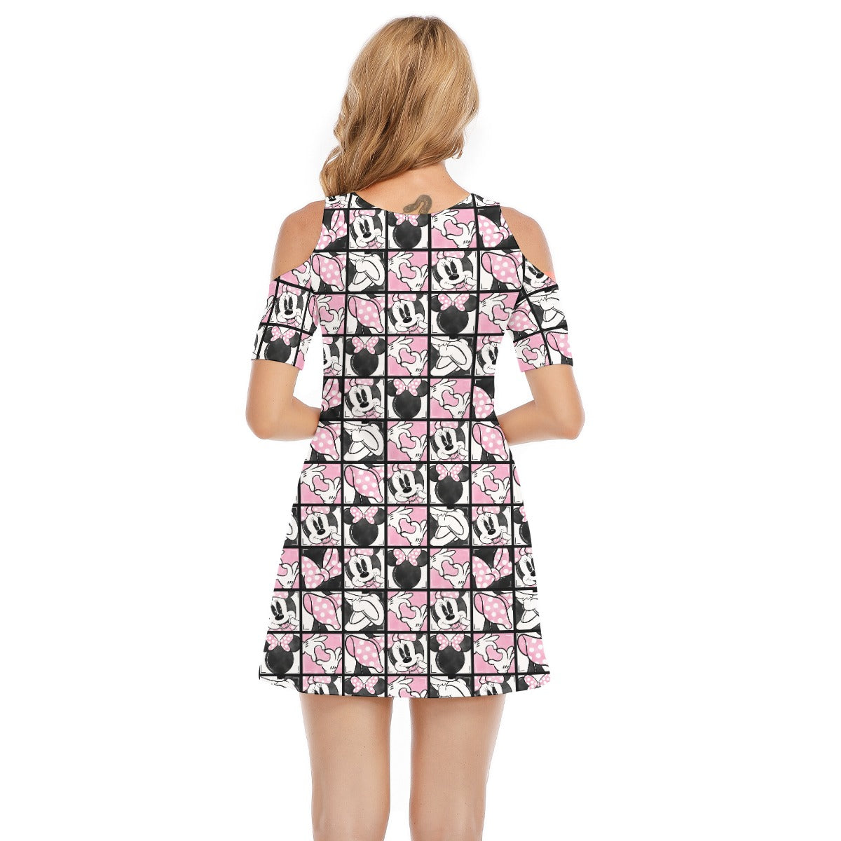 Mouse Bow Block Party - Women's Cold Shoulder Cotton Dress