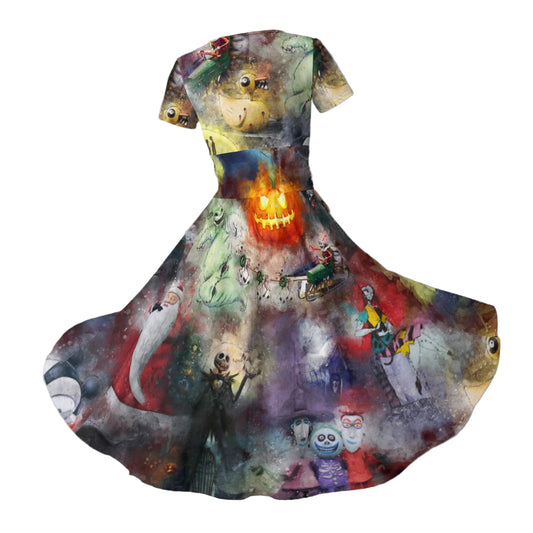 Watercolor Nightmare Town - Women's V-Neck Ruched Midi Dress