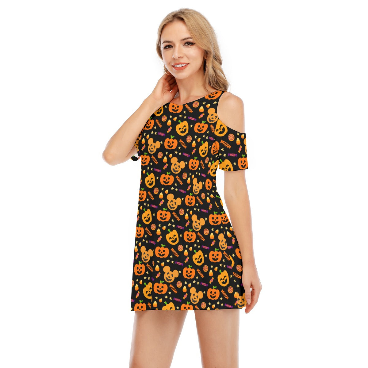 Cheerful Pumpkin Mouse Halloween - Women's Cold Shoulder Cotton Dress