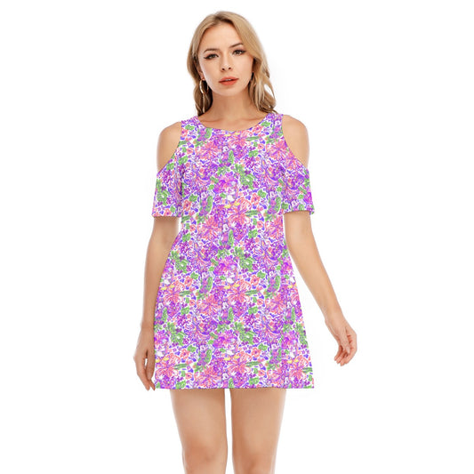 Tropical Splash Vibes - Iconic Crewends - Women's Cold Shoulder Cotton Dress