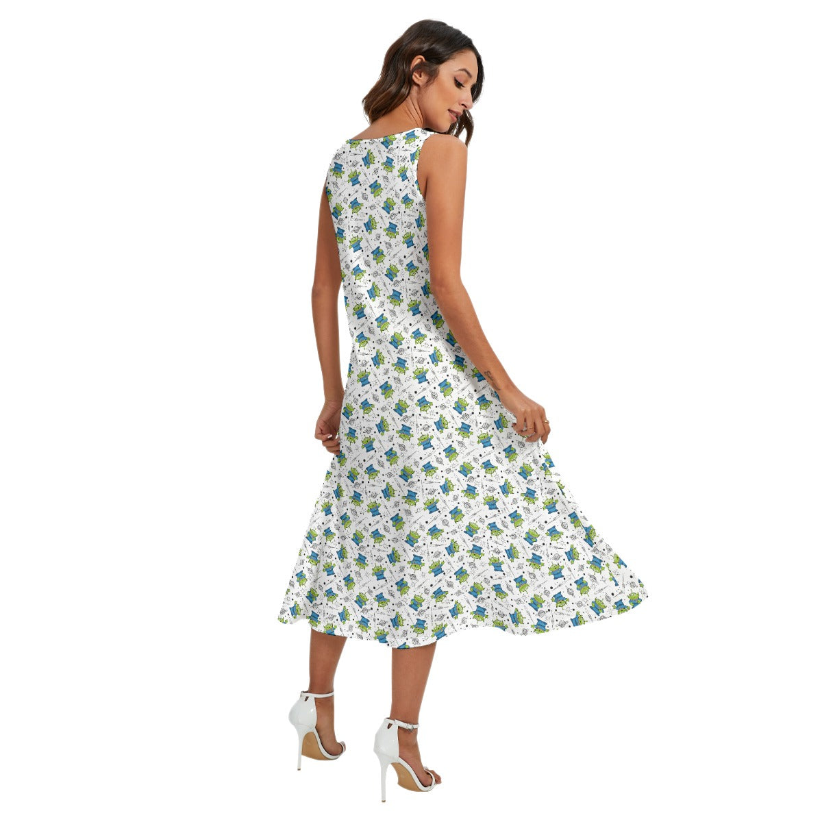 Little Green Aliens on White - Women’s Diagonal Pocket Midi Dress