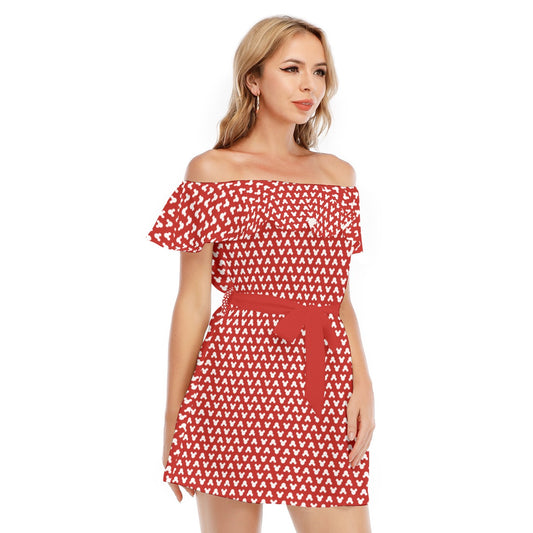 Playful Polka Dot Ears Red - Women's Off-shoulder Ruffle Dress
