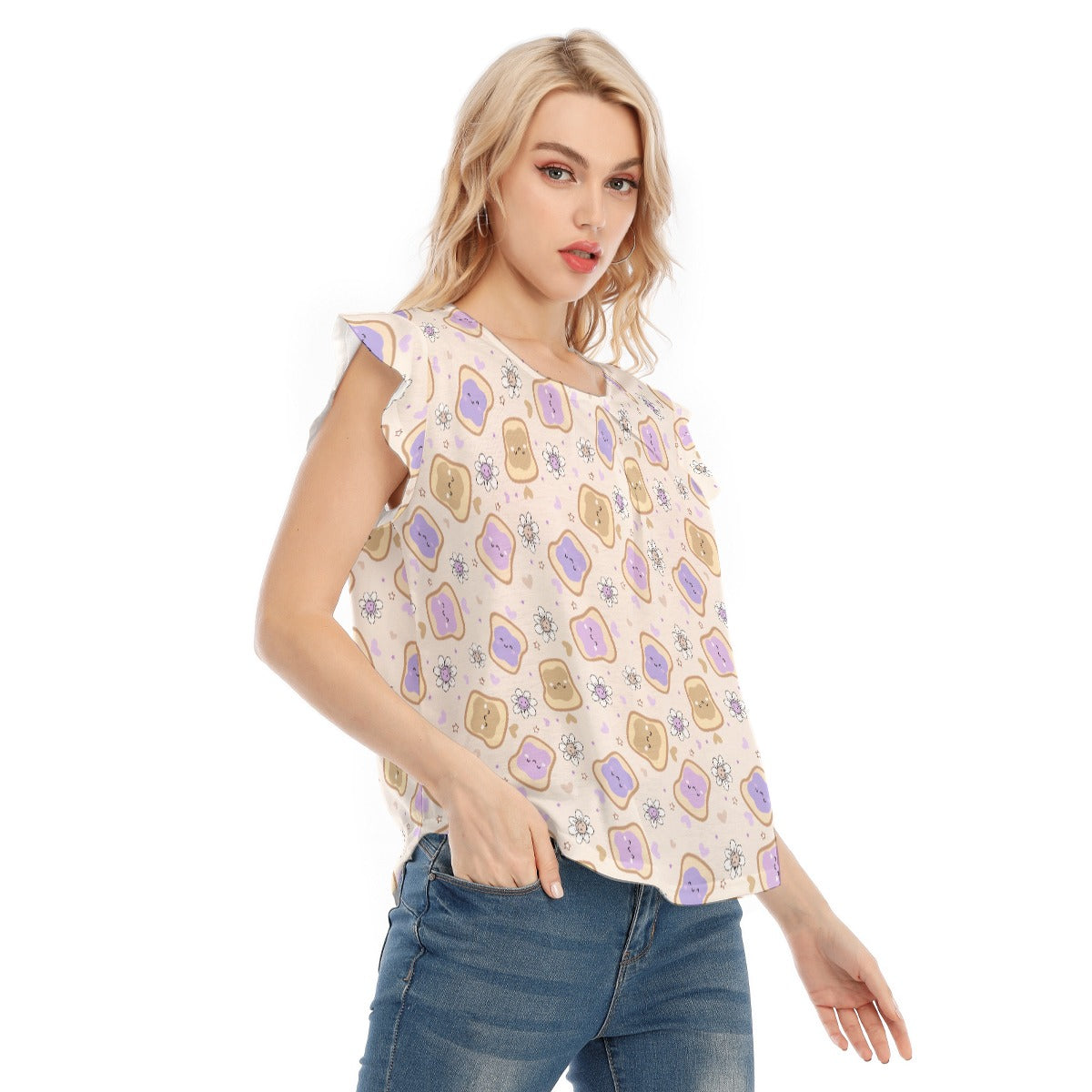 Kawaii Peanut Butter and Jelly Sandwiches - Women’s Flutter Sleeve Top