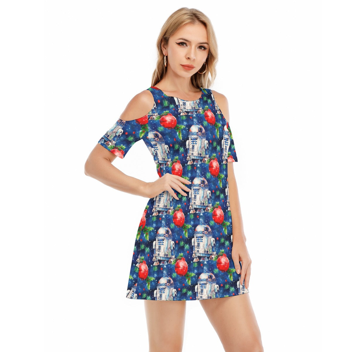 Little Blue Christmas Droid - Women's Cold Shoulder Cotton Dress