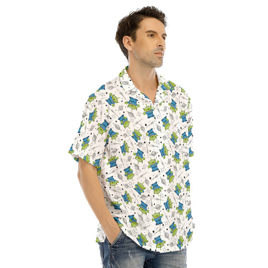 Playful Green Aliens on White - Men's Hawaiian Button Up Shirt