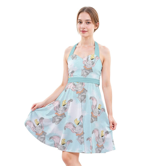 Sketch of Flying Elephant - Women's Halter Vintage Pocket Dress