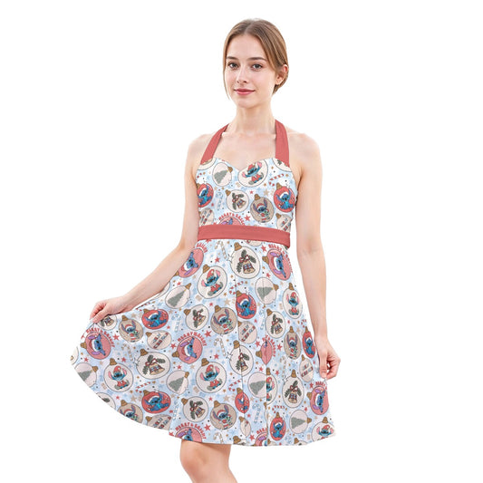 Festive Elf and Ornament Fun - Women's Halter Vintage Pocket Dress