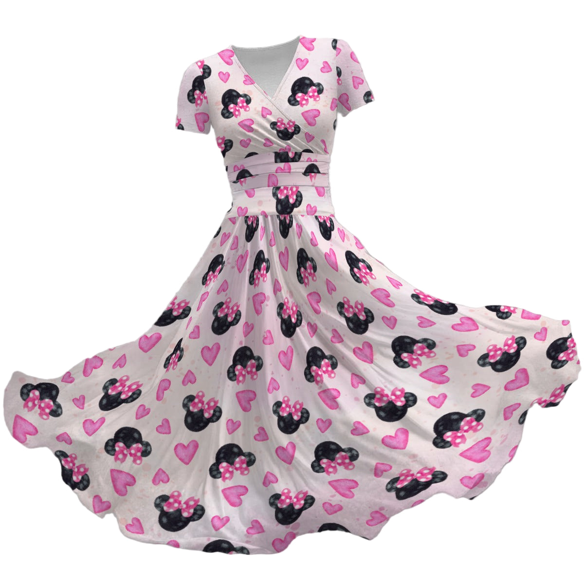 Watercolor Pink Bow Mouse Ears - Women's V-Neck Ruched Midi Dress