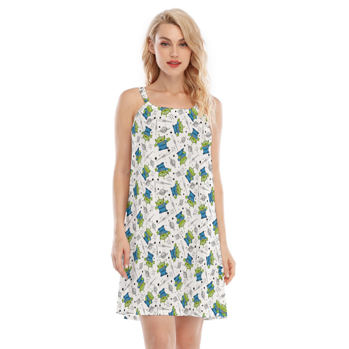 Playful Green Aliens on White - Women’s Adjustable Sundress