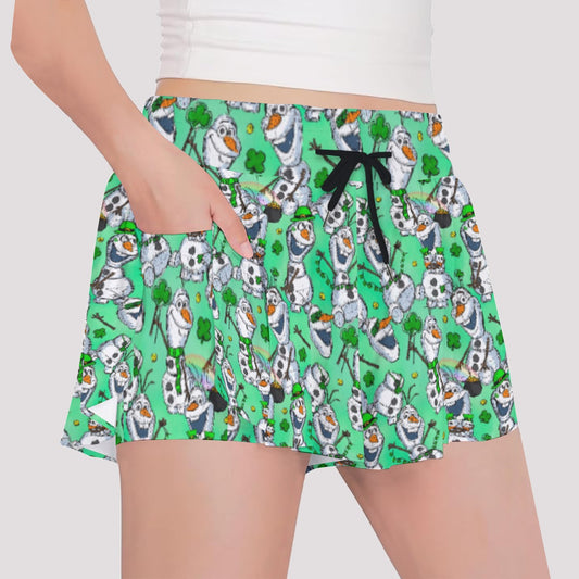 Sketched Snowman St. Patrick’s Day - Girls’ Flowy Pocket Shorts