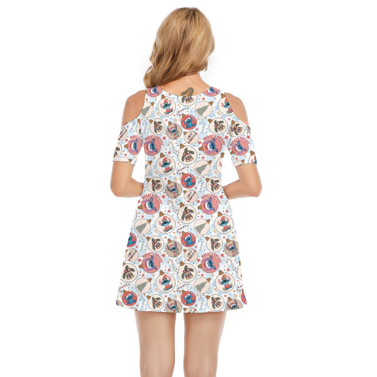 Festive Elf and Ornament Fun - Women's Cold Shoulder Cotton Dress