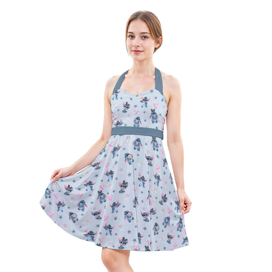 Happy Blue Alien - Women's Halter Vintage Pocket Dress