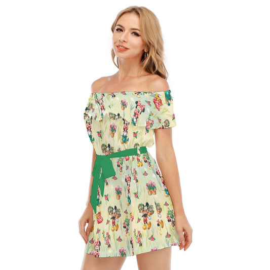 Garden Mouse Helpers at Work - Women's Off-shoulder Ruffle Dress