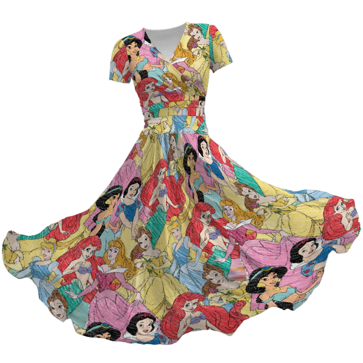 Royal Princess Sketches - Women's V-Neck Ruched Midi Dress