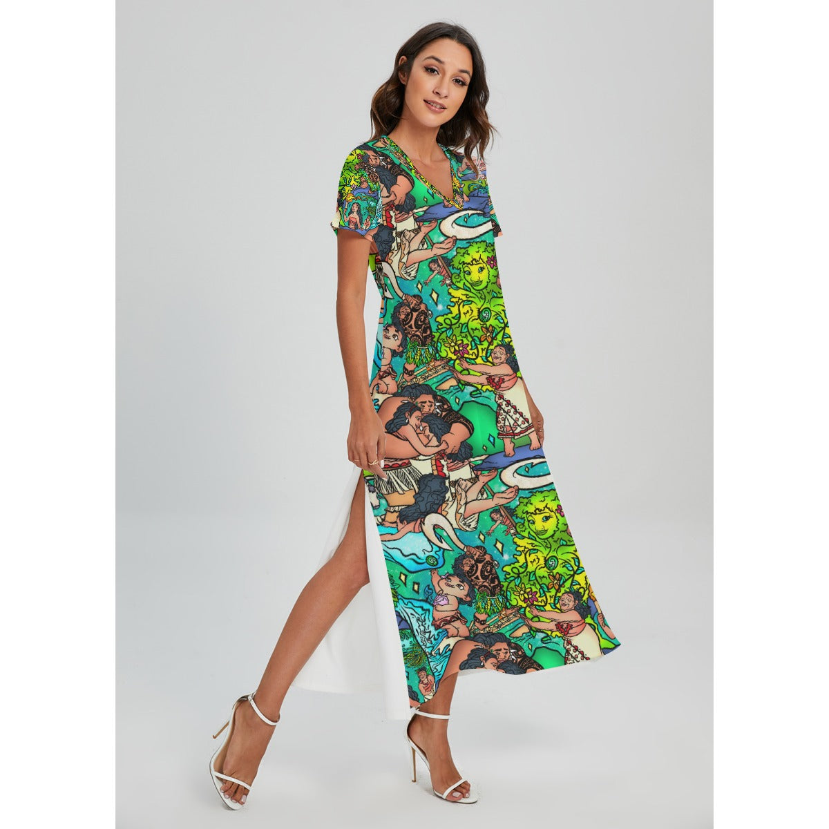 Ocean Voyager Storybook Scenes - Women's V-Neck Side Split Maxi Dress
