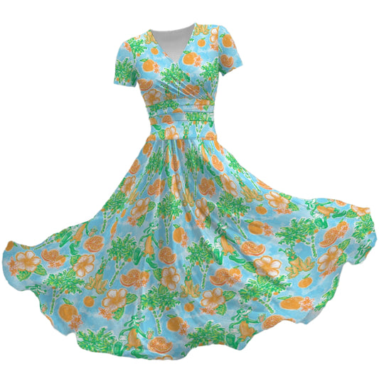 Neon Tangerine Island Pals - Women's V-Neck Ruched Midi Dress