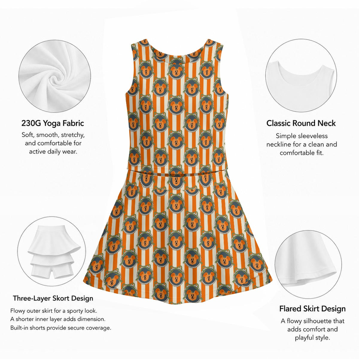 Pumpkin Cameo Stripes - Women’s Athletic Skort Set with Open-Back Crop Top