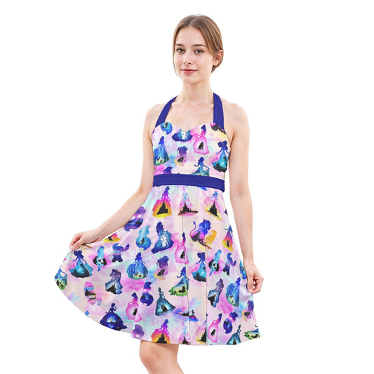 Princess And Classic Animation Silhouettes - Women's Halter Vintage Pocket Dress
