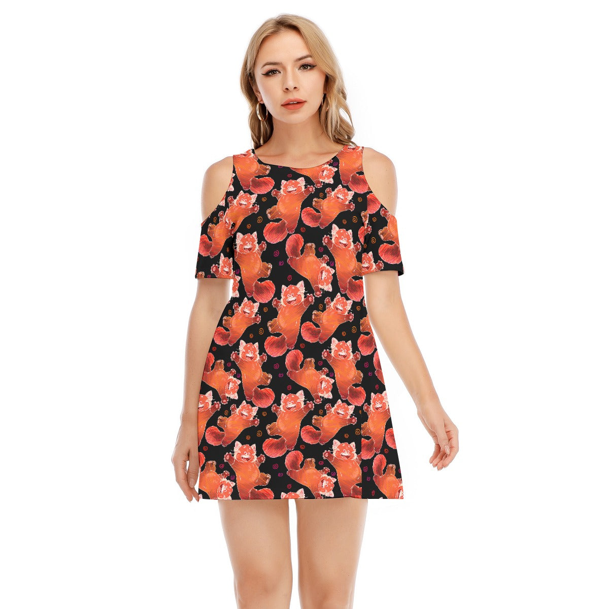 Scribbly Red Panda - Women's Cold Shoulder Cotton Dress