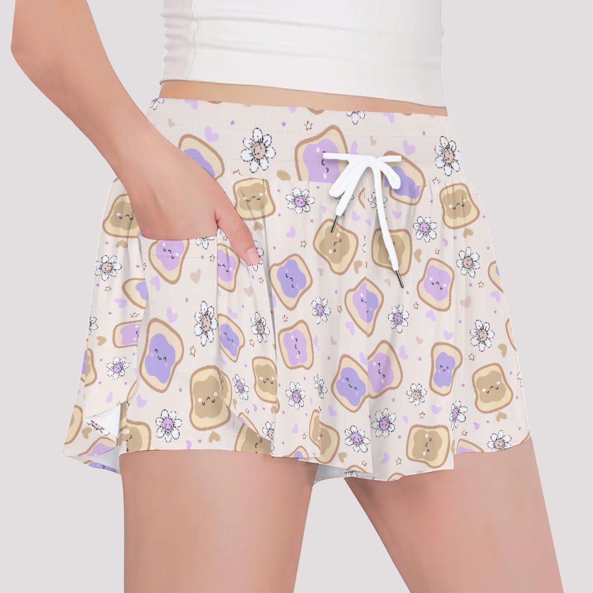 Kawaii Peanut Butter and Jelly Sandwiches - Girls’ Flowy Pocket Shorts