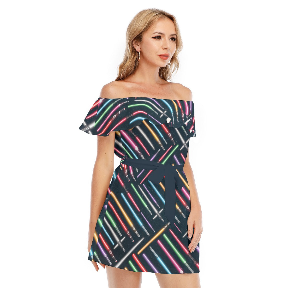 Vibrant Galaxy Sabers - Women's Off-shoulder Ruffle Dress