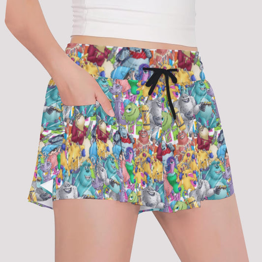 Monster Mayhem Sketched - Girls’ Flowy Pocket Shorts