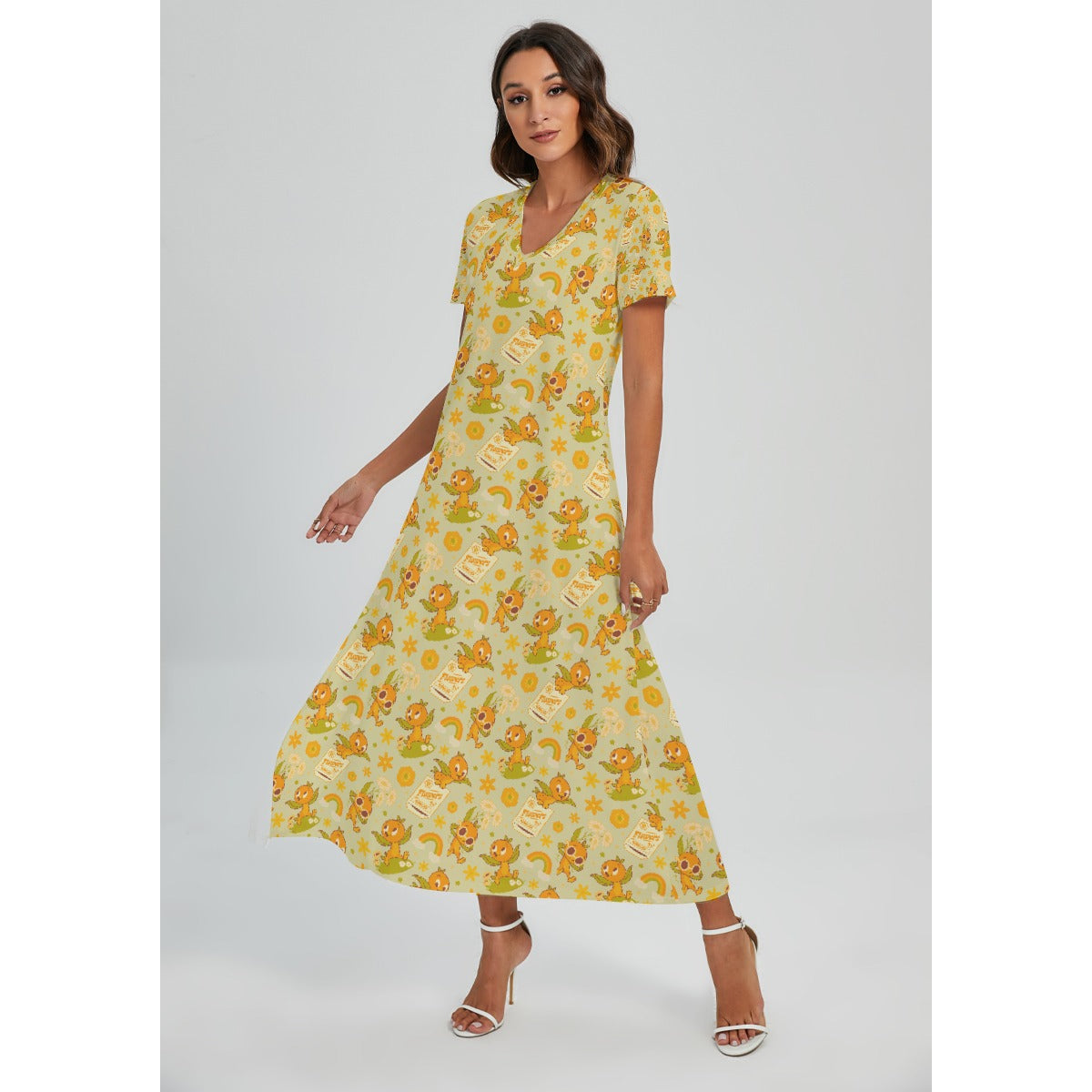 Vintage Citrus Garden - Women's V-Neck Side Split Maxi Dress