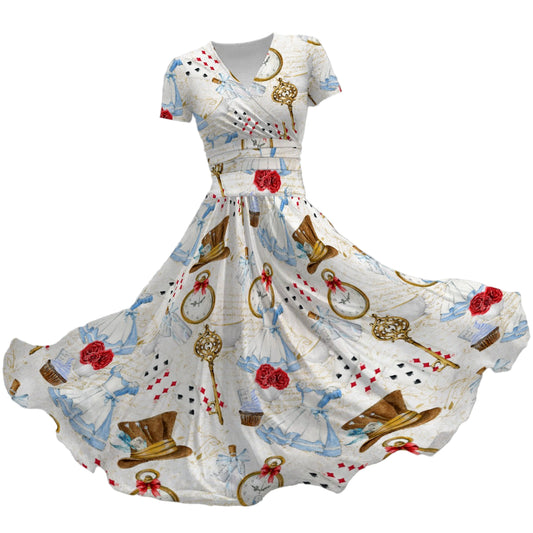 Curious Wonderland Icons - Women's V-Neck Ruched Midi Dress