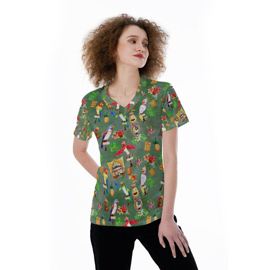 Orange Bird & Tiki Friends - Women's Short Sleeve V-Neck T-Shirt