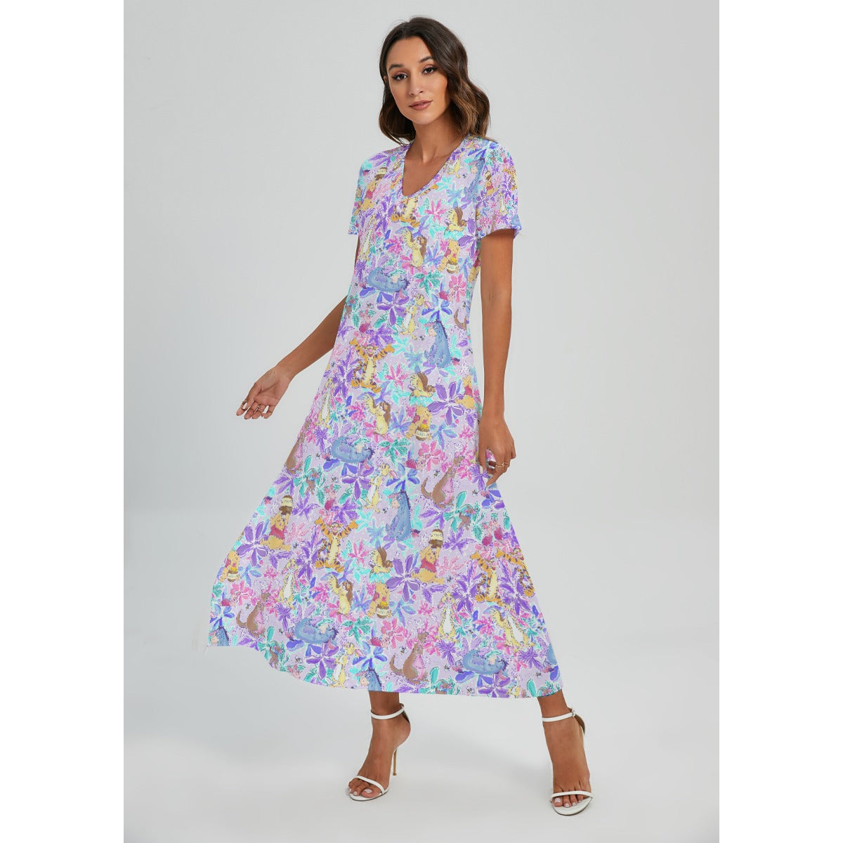 Storybook Friends in Bloom - Women's V-Neck Side Split Maxi Dress