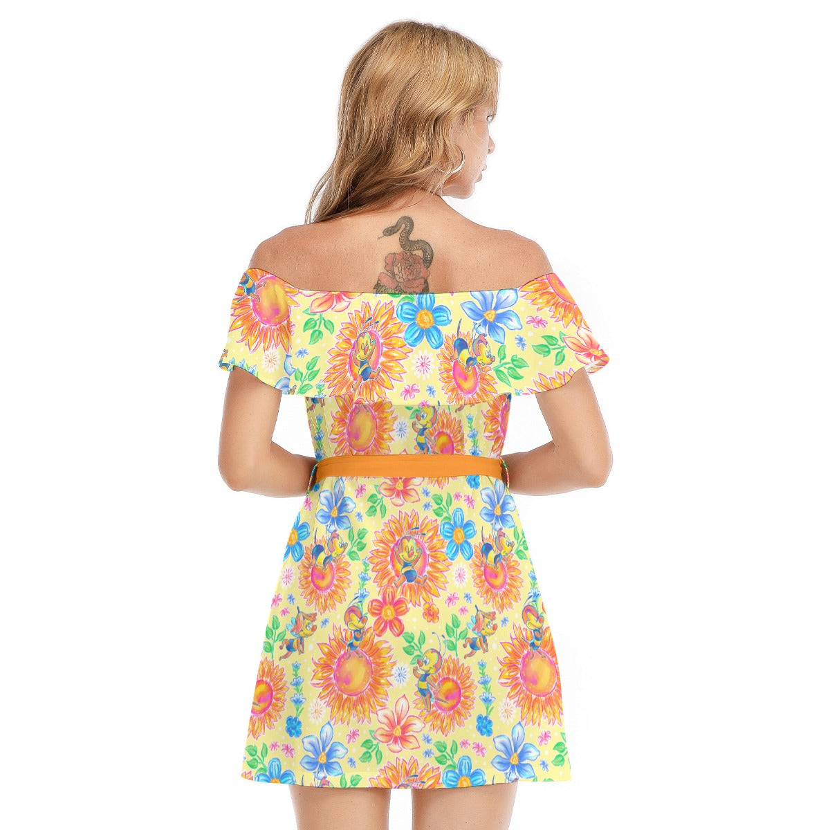 Buzzing Garden Buddy - Women's Off-shoulder Ruffle Dress