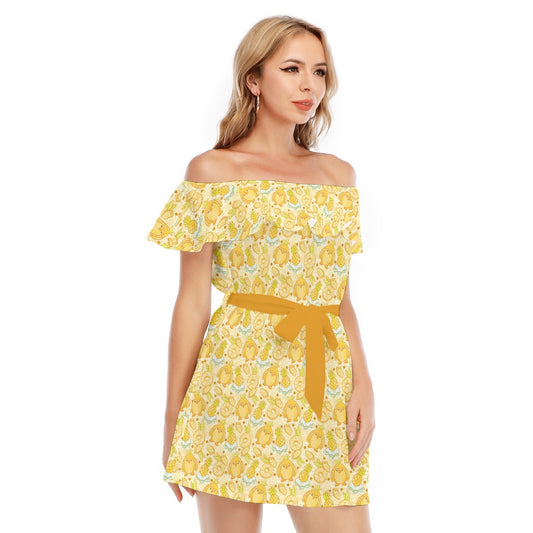 Fruitimals - Pineapple Penguins - Women's Off-shoulder Ruffle Dress