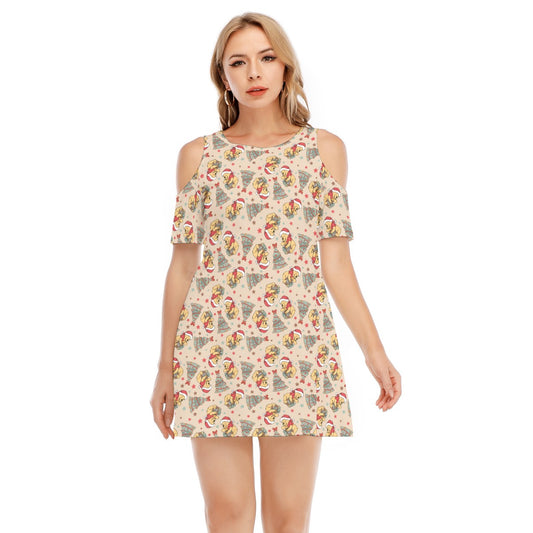 Cozy Bear Holiday Cheer - Women's Cold Shoulder Cotton Dress