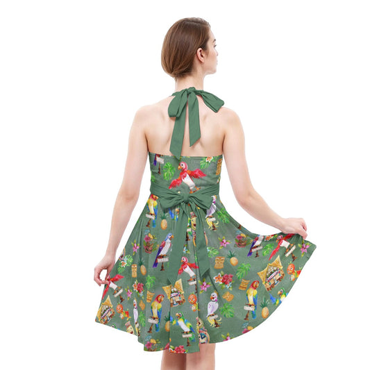 Orange Bird & Tiki Friends - Women's Halter Vintage Pocket Dress