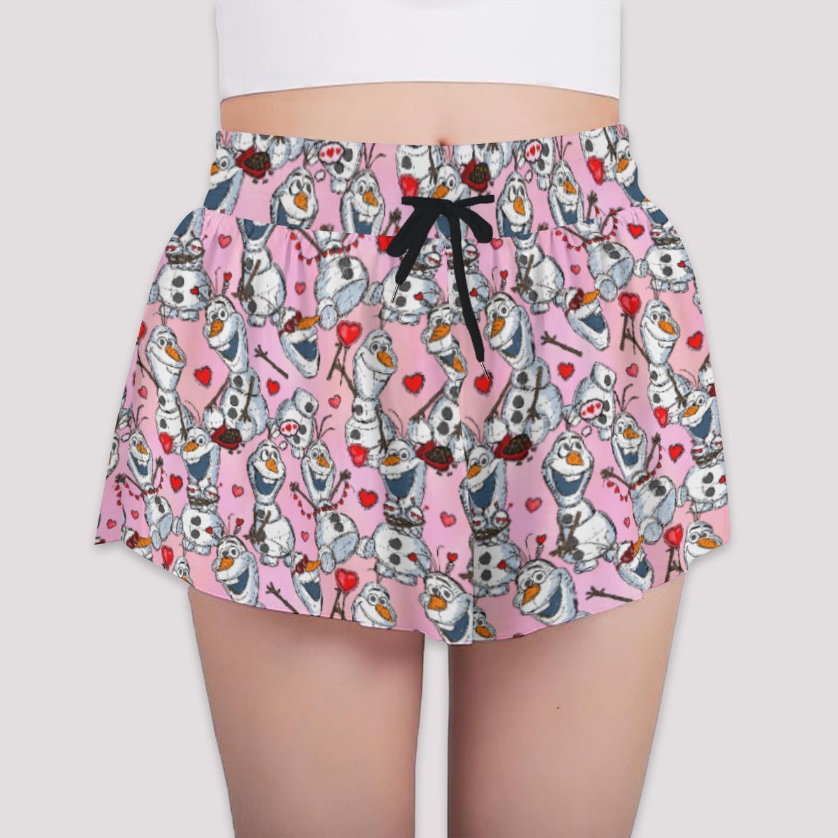Sketched Snowman Valentine’s Day - Girls’ Flowy Pocket Shorts