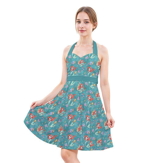 Whimsical Ocean Princess - Women's Halter Vintage Pocket Dress