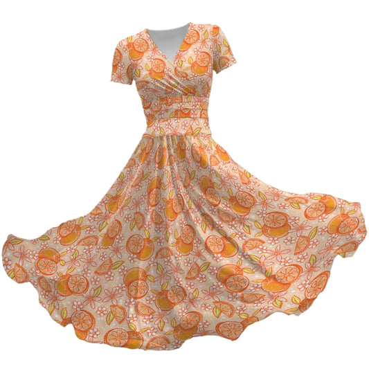 Summer Fruits - Oranges - Women's V-Neck Ruched Midi Dress