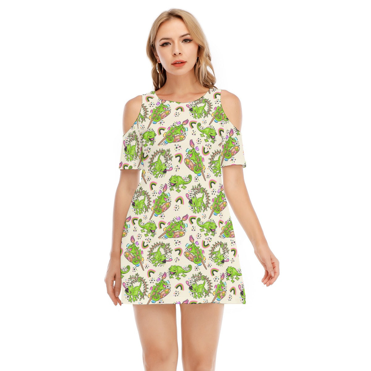 Colorful Chameleon Splash - Women's Cold Shoulder Cotton Dress
